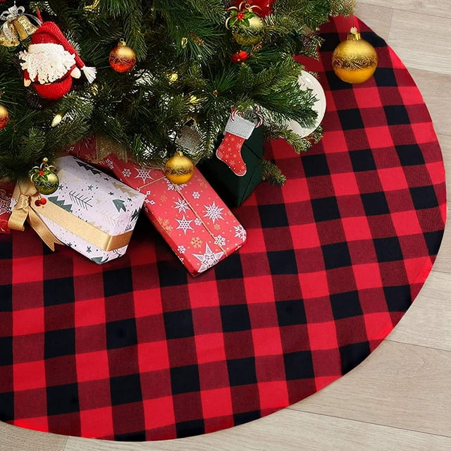 Christmas Deocration Red Black Tree Skirt Cotton Tree Skirt 36 Inch Buffalo Plaid Tree Skirt Holiday Christmas Tree Skirt Check Tree Skirts Double Layers