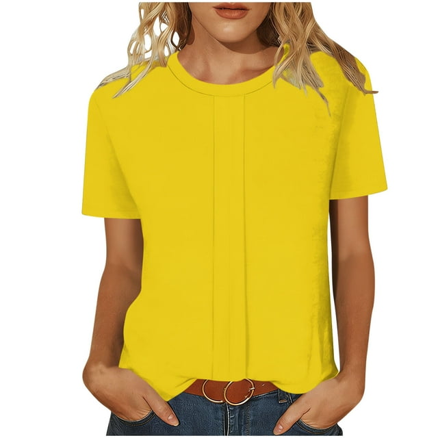 2026 Fashion Tops for Women Essential Short Sleeve Tees Solid Color Casual Outfits Loose Round Neck Clothing Soft Ribbed Texture Tops Versatile Daily Shirts Comfy Spring Pullover