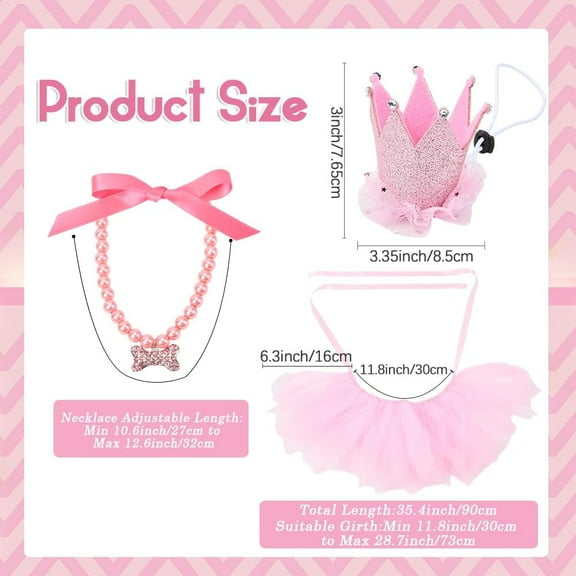 3Pcs 3 Styles Cat Princess Costumes Pink Dog Costume Organza Adjustable Small Pet Crown Hat Bowknot Pearl Necklace Lace Tutu Outfit for Pets Birthday Christmas Party Decor Set Accessories