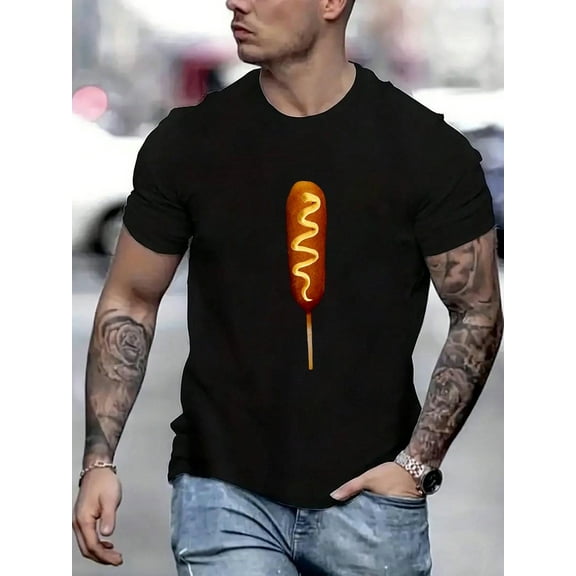 100% Cotton Corn Dog Lover Halloween Costume Printed T-Shirt, Short-Sleeved Crew Neck Casual Top, Suitable For All Seasons, Men's Wear