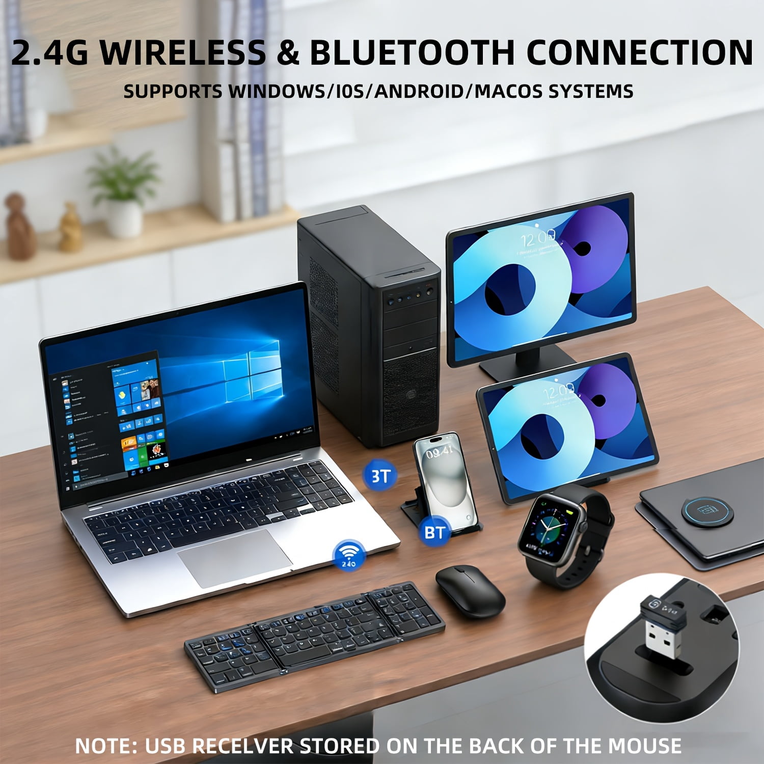 Rechargeable Foldable Keyboard with 2.4G Wireless + Bluetooth Mouse Combo, Folding Wireless Keyboard and Mouse with Portable Case for Windows, iOS, Android, macOS PC/Laptop/Tablet