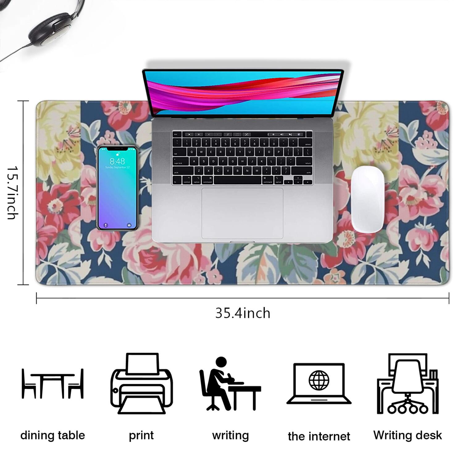 Long Mouse Pads for Desk,Pioneer Flower Floral Print Pattern Desk Mats on Top Of Desks, Desk Mouse Pad Extra Large with 3mm Non-Slip Base and Stitched Edge for Gaming,Office,Work,Home 35.4"x15.7"