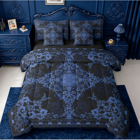 Erosebridal Damask Baroque Floral 7-Piece Twin Bedding Sets For Adult,Vintage Gothic Theme Bedding Comforter Set,Reversible black