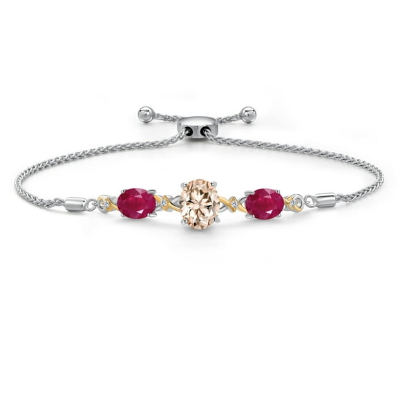 Gem Stone King 925 Silver & 10K Yellow Gold Peach Morganite Red Ruby & Lab Grown Diamond Bracelet for Women | 5.26 Cttw | Gemstone October Birthstone | Oval 10X8MM and 8X6MM | Fully Adjustable 9 inch