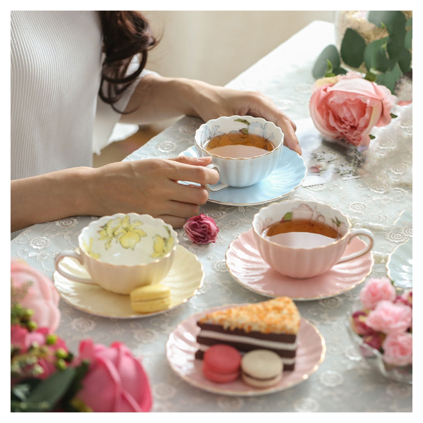 Ceramic coffee cup set, coffee mug set with saucers, vintage tea cup set in European style for latte, espresso cups for coffee, tea, milk, restaurants, cafes