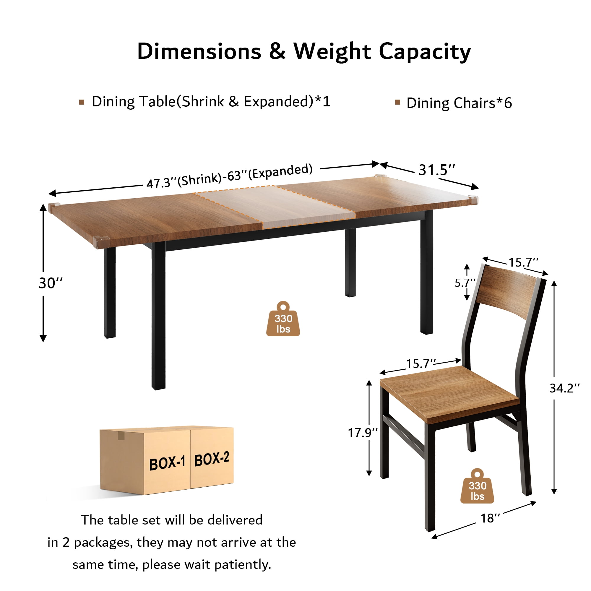 iPormis 63" Extendable Kitchen Table Set for 4-6 People, 7-Piece Large Dining Table Set With 6 Chairs,Mid-Century Modern Dining Room Table,Walnut