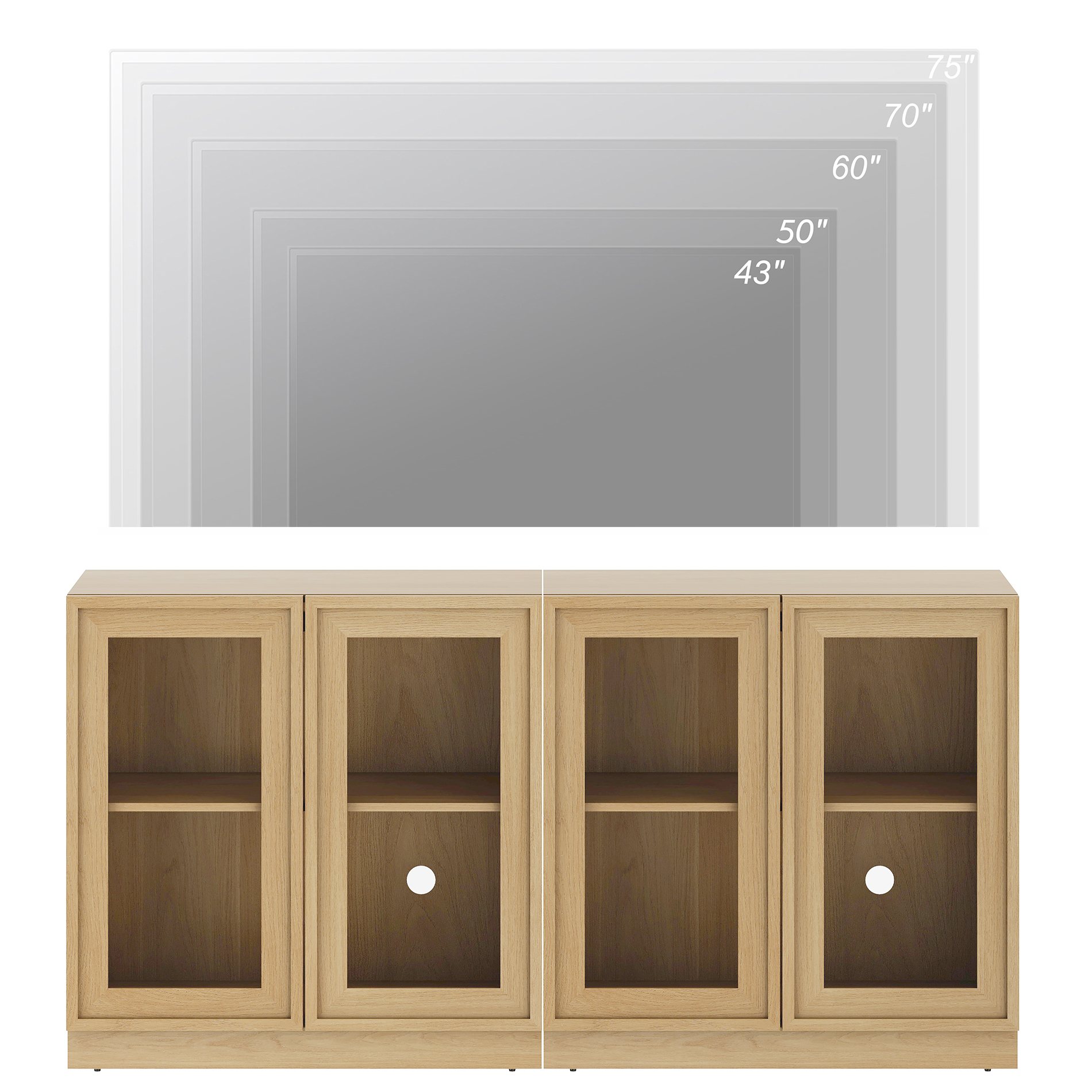 WAMPAT Modern TV Stand for TVs Up to 70", 2-in-1 Entertainment Center TV Console with 4 Glass Doors and Adjustable Shelf, Wooden Media Console Cabinet for Living Room, Bedroom, Oak
