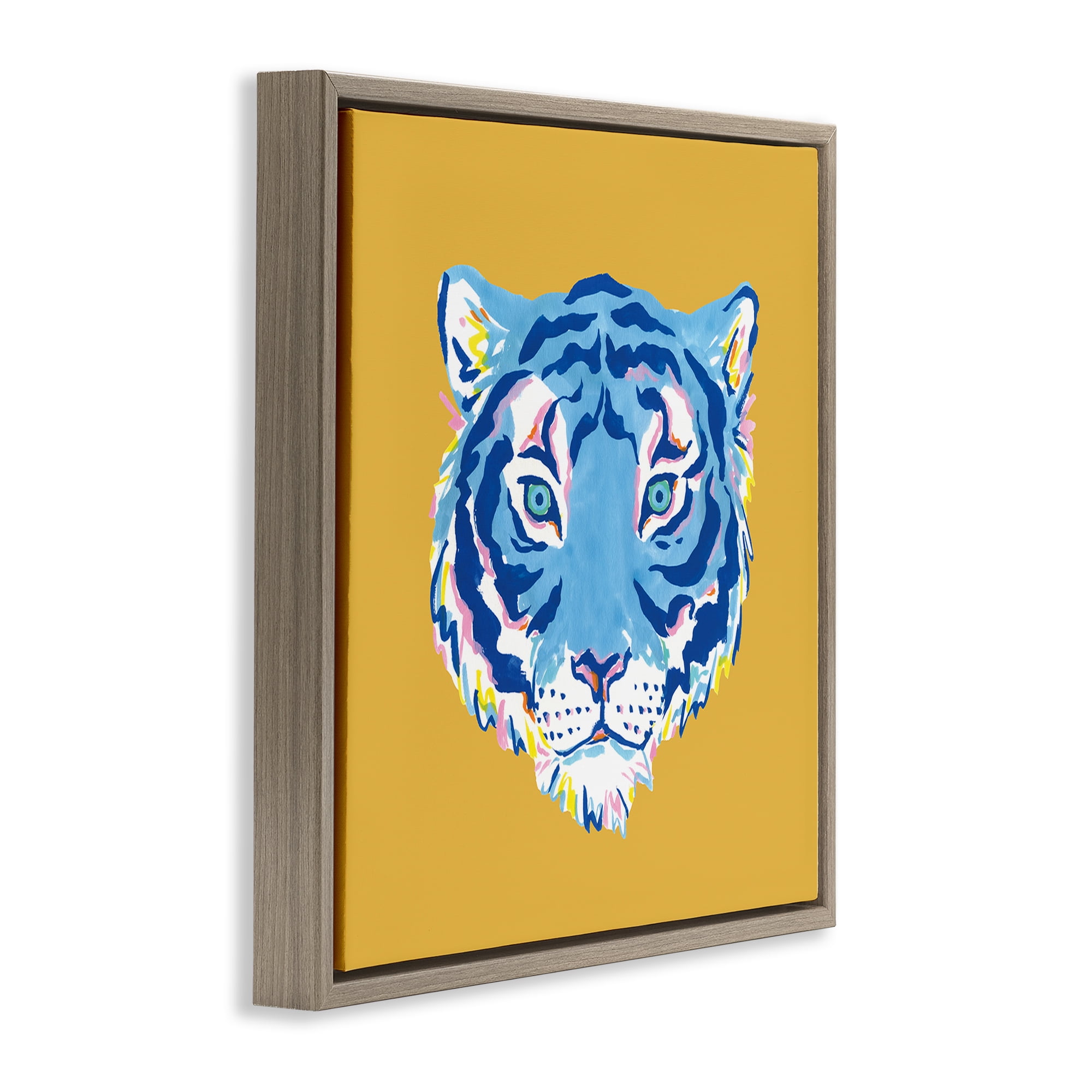Stupell Industries Blue Tiger over Yellow Brown Framed Floater Canvas Wall Art, design by Karolina Sato