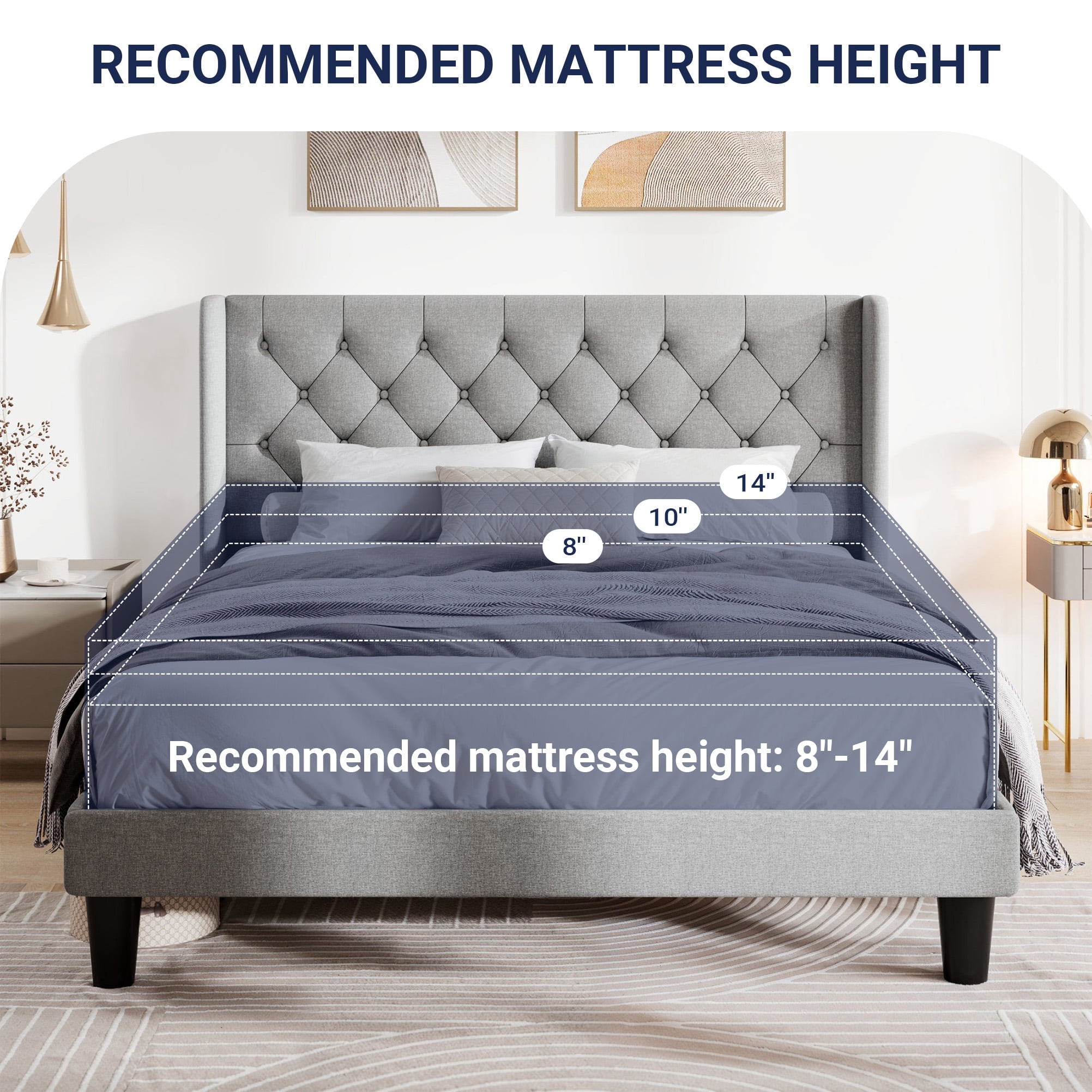 Allewie Queen Size Upholstered Platform Bed Frame with Fabric Wingback Button Tufted Headboard, Light Grey