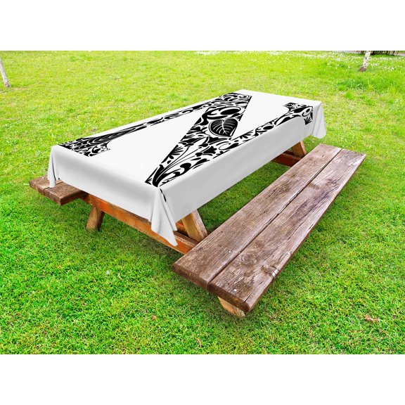 Letter N Outdoor Tablecloth, Black and White Floral Arrangement Pattern Flowers Petals Stalks and Leaves Print, Decorative Washable Fabric Picnic Table Cloth, 58 X 84 Inches,Black White, by Ambesonne