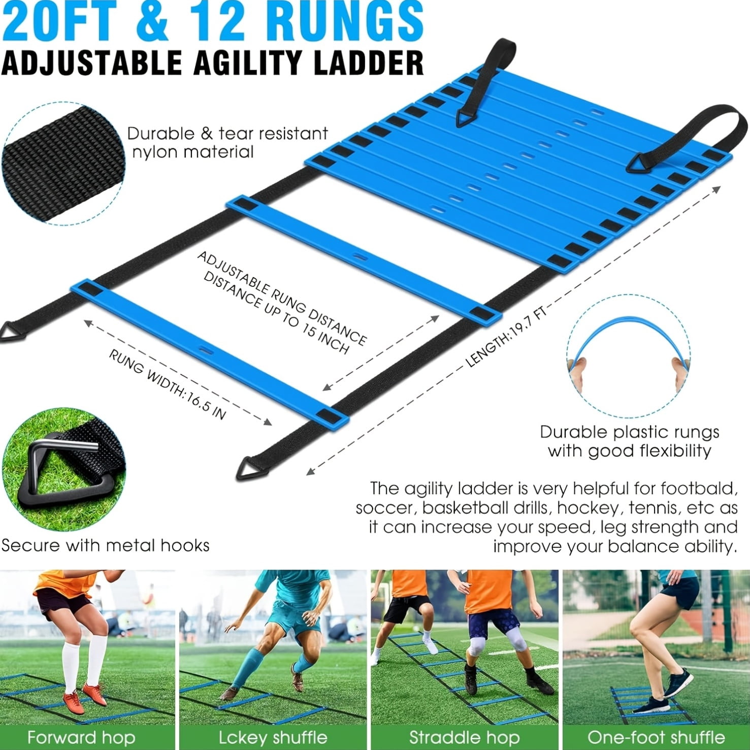 Agility Training Equipment, Football Training Equipment Includes 20FT Agility Ladder, 4 Adjustable Agility Hurdles, 12 Football Cones, Parachute, for Training Soccer Basketball Athletes