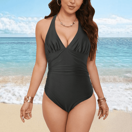 Fulorrnie One Piece Swimsuit for Women Tummy Control Criss Cross Back V Neck Racerback Bathing Suit Ruched Adjustable Waist Swimwear Black S
