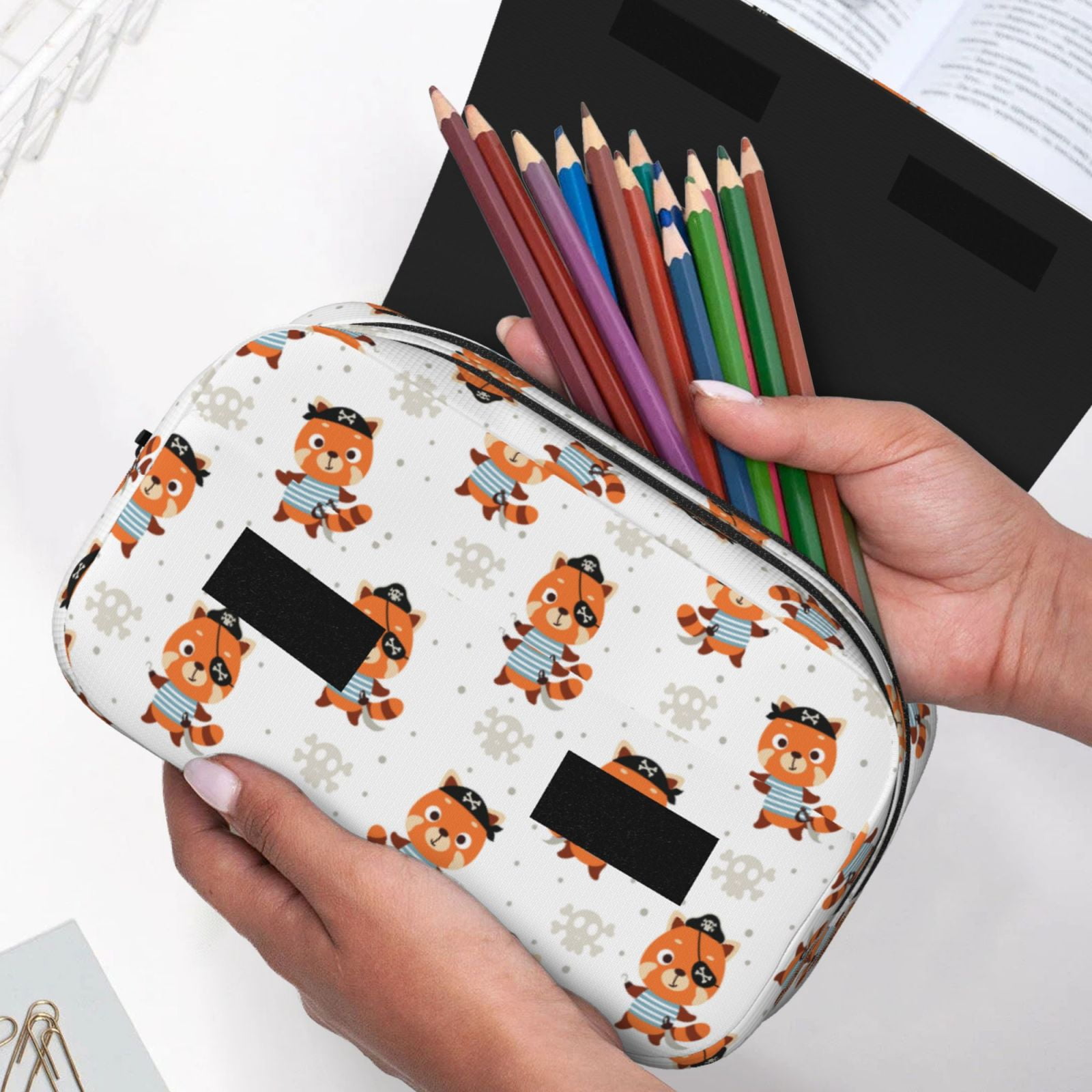 Rateoe Cute Little Pirate Red Panda Pattern Double Clamshell Pen Case, Storage Organizer with Two Zipper Compartments– Holds Up to 50 Pencils & Pens