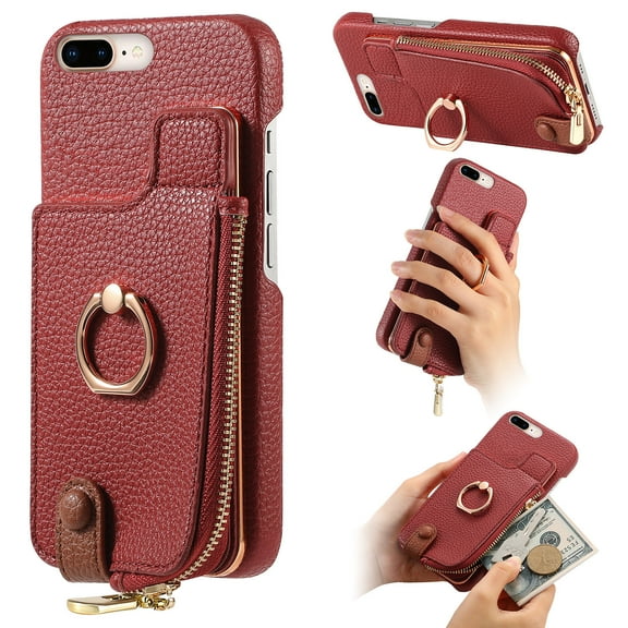 TECH CIRCLE For iPhone 8 Plus/7 Plus Case with Card Holder,Slim Stand PU Leather Zipper Wallet Case with Rotation Ring Holder Shockproof Protective Case for Apple iPhone 8 Plus/7 Plus 5.5",Red