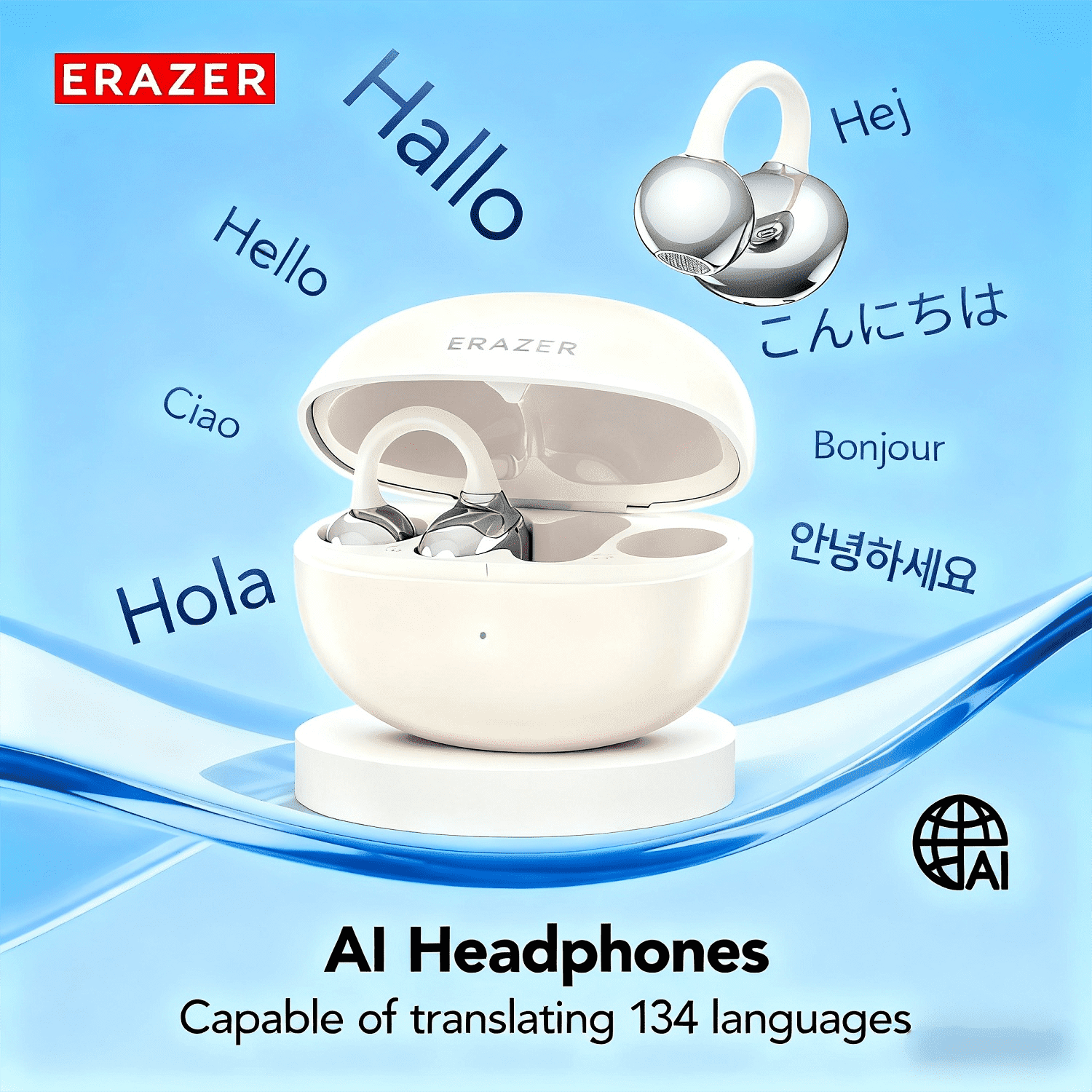 ERAZER XF36 Bluetooth 6.0 Wireless Clip-on Open-Ear Earbuds with AI Translator for 130+ Languages, Noise-Cancelling Headphones, 40H Playtime, IPX5 Waterproof, Off-Beige