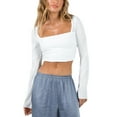thumbnail image 1 of Douhoow Women Slim Crop Top Solid Color Long Sleeve Square Neck Bodycon Shirts Cut Out Pullover, 1 of 8