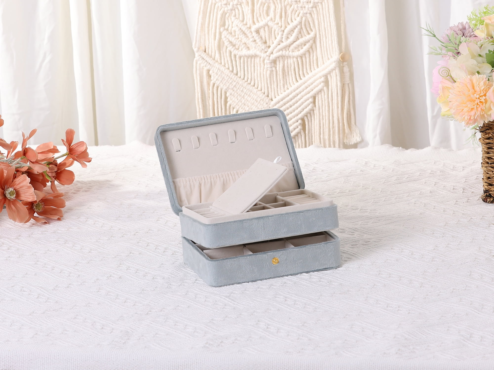 Unique Bargains 2 Layer Jewelry Box Plush Velvet Jewelry Organizer Case Storage Travel Gray