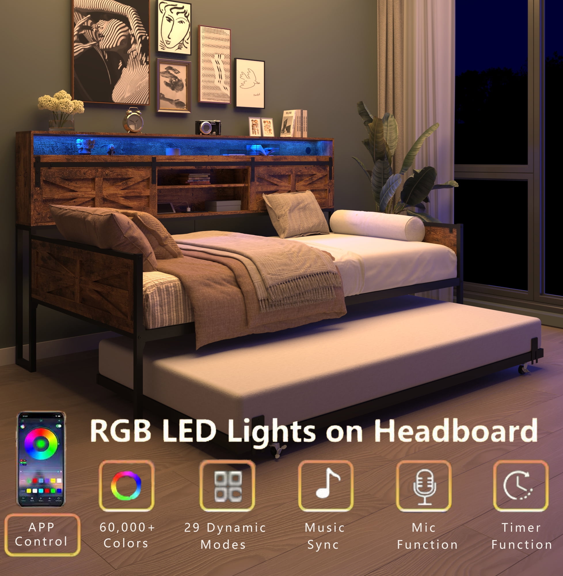 Mintazer Farmhouse Twin Bed Frame with Trundle & RGB LED Headboard, Platform Daybed with Sliding Barn Door Storage for Bedroom & Living Room, Brown