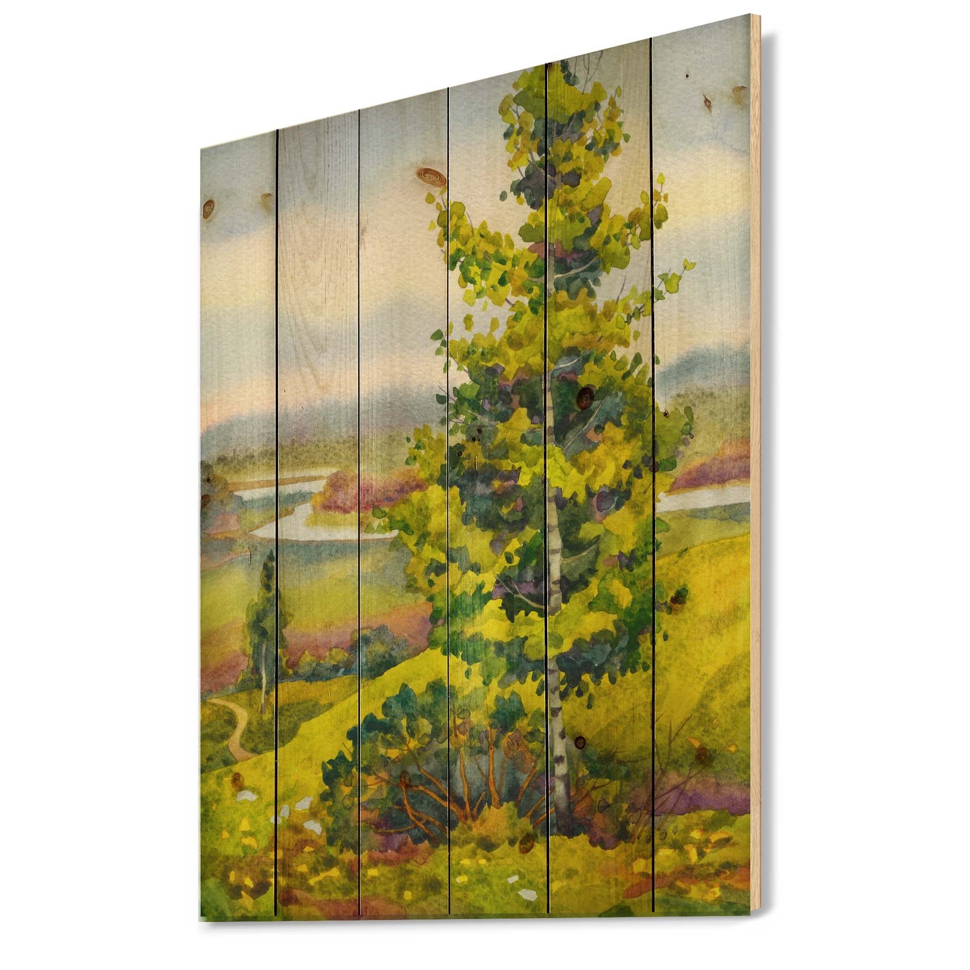 Designart 'Colorful Young Orange Betulas Along Bank Of Calm Bay' Lake House Print on Natural Pine Wood
