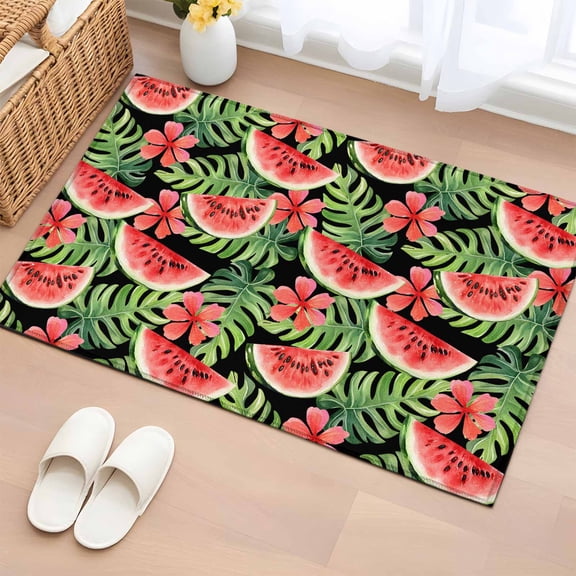 2x3 Ft Entryway Area Rug, Watermelon Kitchen Rug Runner Washable Floor Mat, Summer Fruit Green Tropical Palm Leaf Flower Non Slip Indoor Door Mat Throw Carpet for Bathroom Living Room Bedroom