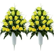 Artificial Cemetery Flowers, Grave Decorations Roses, Memorial Flowers Bouquet with Cemetery Vase, (Yellow)