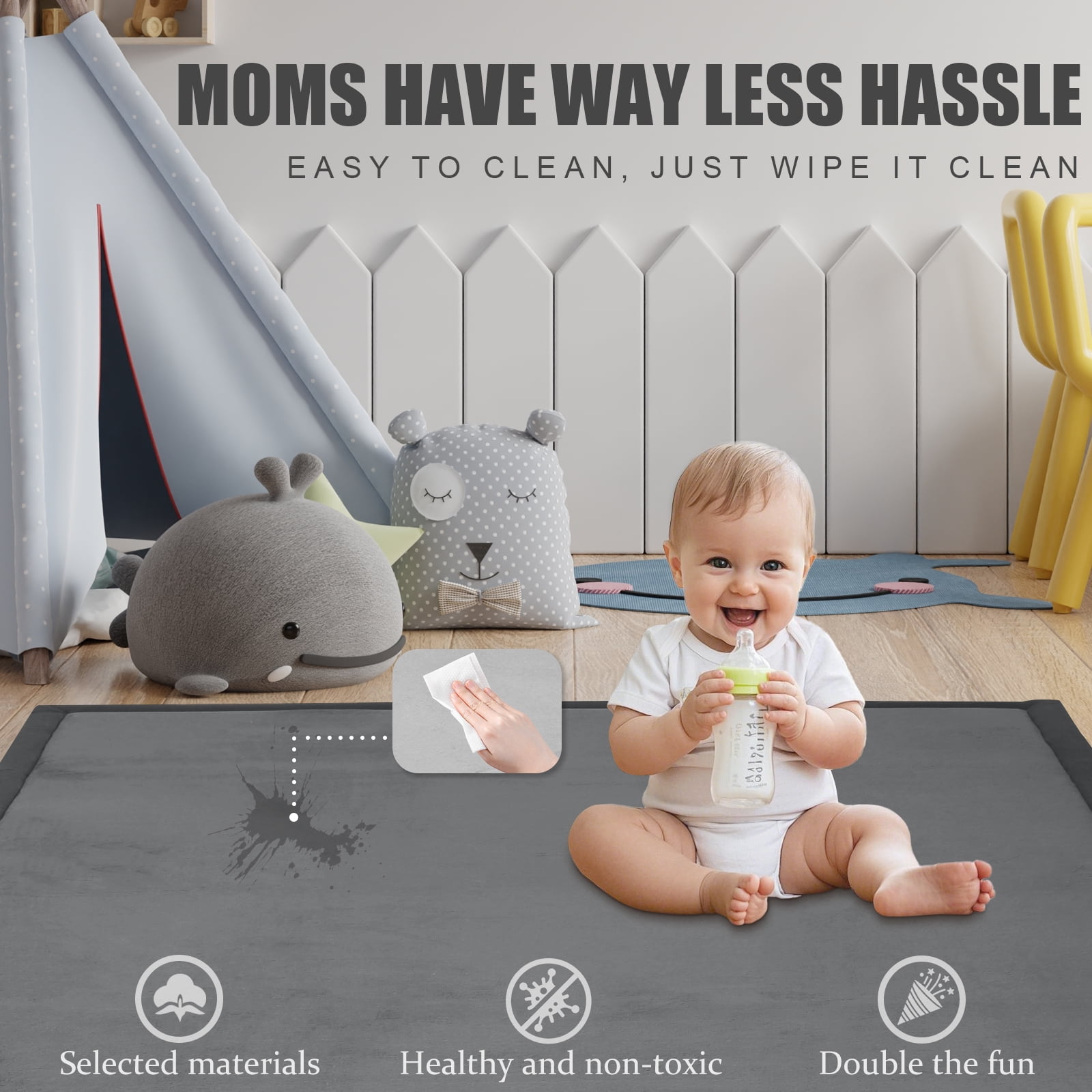 Baby Play Mat for Floor,1.2" Thick Memory foam Tummy Time Mat,Soft Coral Velvet Nursery Rug,Extra Large Non Slip Crawling Mat for Toddlers,Infants,Tatami Mat for Living Room(Dark Grey,118"X79")