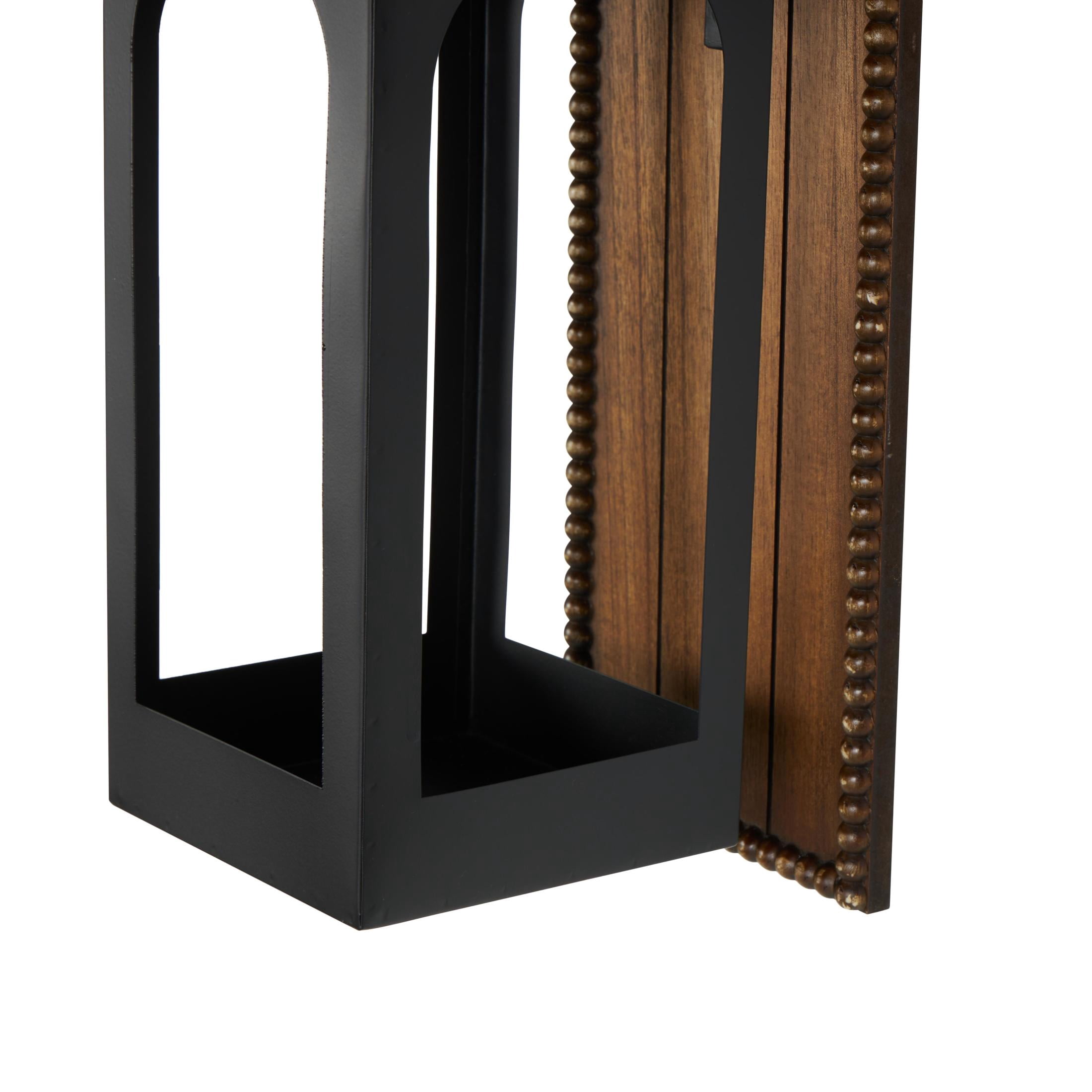 DecMode 2 Holder Black Metal Abstract Suspended Arched Cutout Wall Sconce with Brown Wood Backing and Beaded Edge