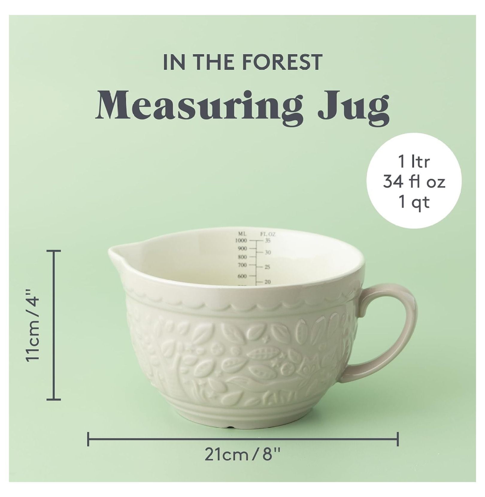 Measuring Jug 1 Quart - In The Forest Collection Stoneware Pitcher - 34oz Embossed Fox Design - Kitchen Measuring Cup for Baking, Cooking, & Liquid - Dishwasher Safe
