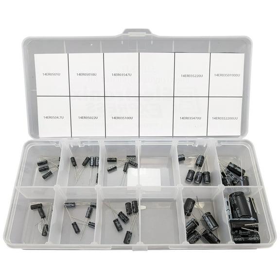 50 Piece Electrolytic Capacitor Assortment Kit with Case, 10 Different Values, 1 μF to 2,200 μF