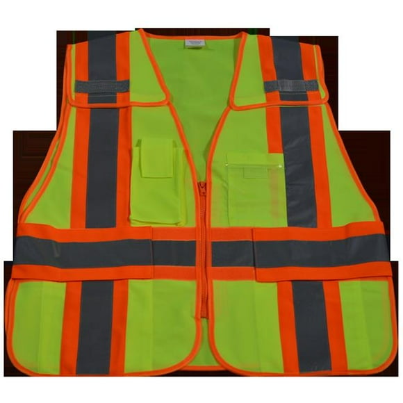 Petra Roc LV2-PSV-PLUS Public Safety Vest 207-2006 Lime Solid with Orange Binding 5-Point Breakaway with Non-Cloth Hook & Eye Breakaway Zipper & Expandable Side Closures 5 Pockets, 2X & 5X