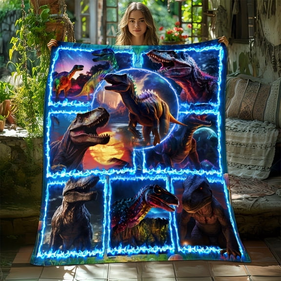 [Dinosaur Blanket] Cozy 3D Dinosaur Blue Flame Splice Print Blanket-Lightweight Flannel Throw For Sofa, Bed, Livingroom, Office, Couch, Travel, Camping, And Bed