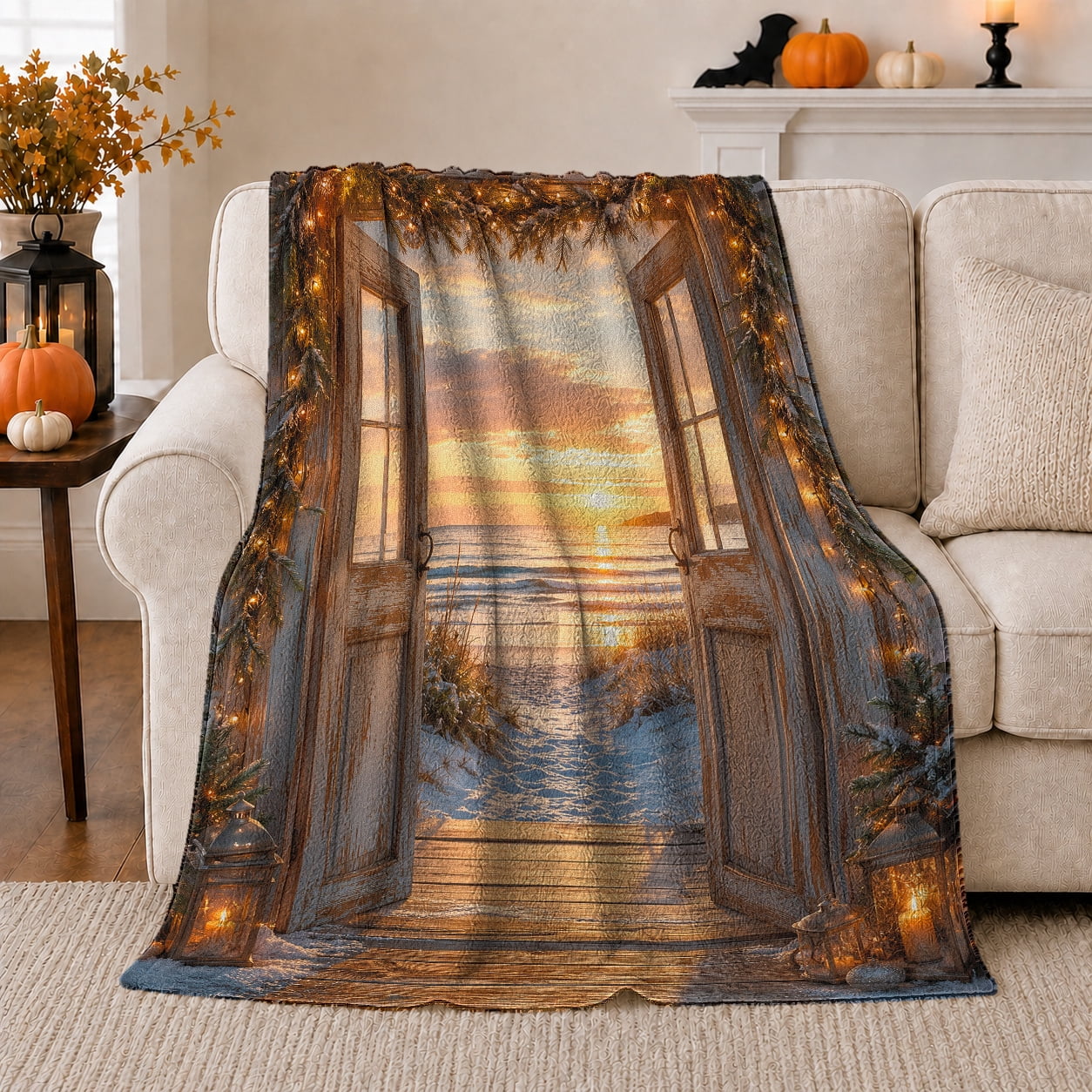 Rustic Open Barn Door Sunset Seascape Painterly Art Rustic Farmhouse Horse Scene Warm Flannel Blanket for Ranch House and Living Room Horse Lovers Thanksgiving Gift Rustic Home Decor
