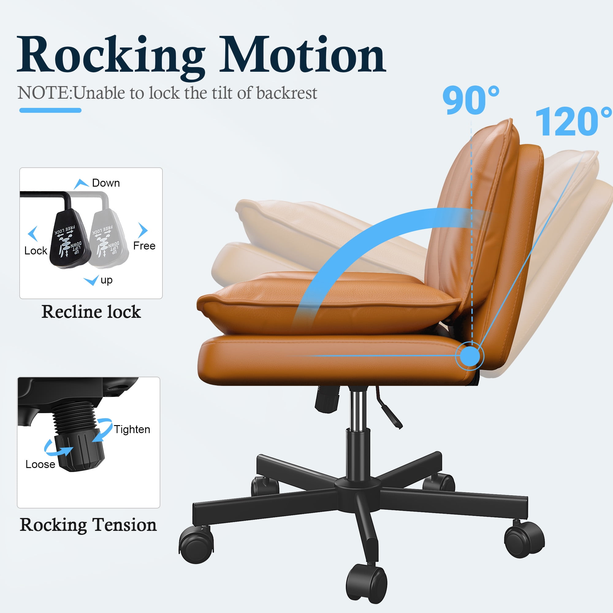 Romorgniz 27" W Chair Criss Cross Legged Office Chair Armless Adjustable Desk Chair with Wheels, Wide Seat, and 2-Layer Cushion, Orange