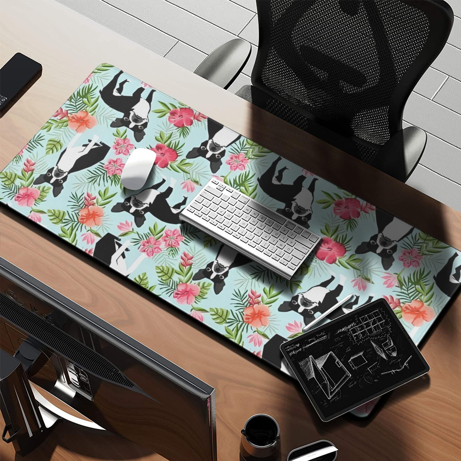 Long Mouse Pads for Desk,Boston Terriers and Pioneer Flower Desk Mats on Top Of Desks, Desk Mouse Pad Extra Large with 3mm Non-Slip Base and Stitched Edge for Gaming,Office,Work,Home 35.4"x15.7"