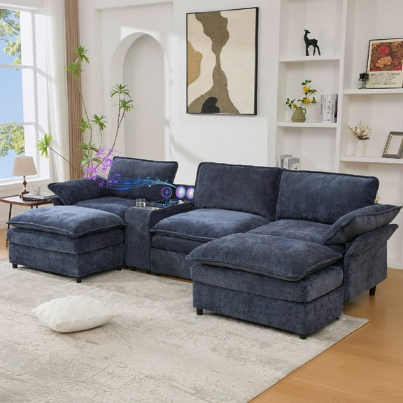 124" Modular Sectional Sofa with Wireless Charging and Bluetooth Speakers, 5-Seater Chenille Sofa Couch with Storage Console and 2 Cup Holders, 2 Movable Footstools, Adjustable Handrail, Blue