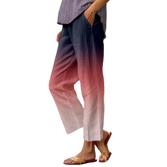 Xuewenshw Women's Casual Boho Floral Print Stripe Linen Pants Elastic Waisted Drawstring Summer Spring Beach Baggy Capri Casual Romper Pants for Women