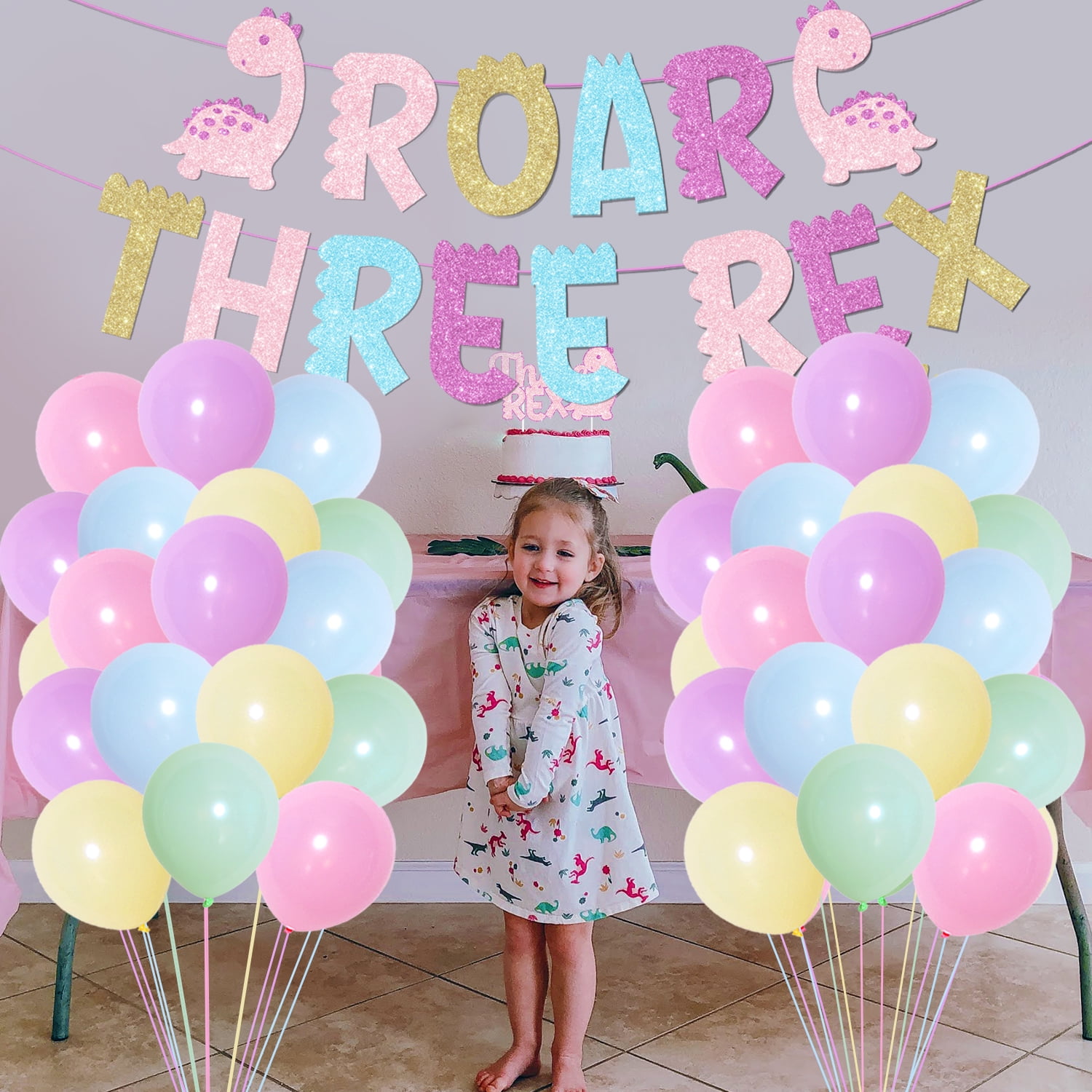 Pink Cute Dinosaur 3rd Birthday Party Decorations with ROAR THREE REX Glitter Banner, Macarone Dinosaur Cupcake Toppers and Number 3 Foil Balloons for Three Years Old Girls Birthday Party Supplies