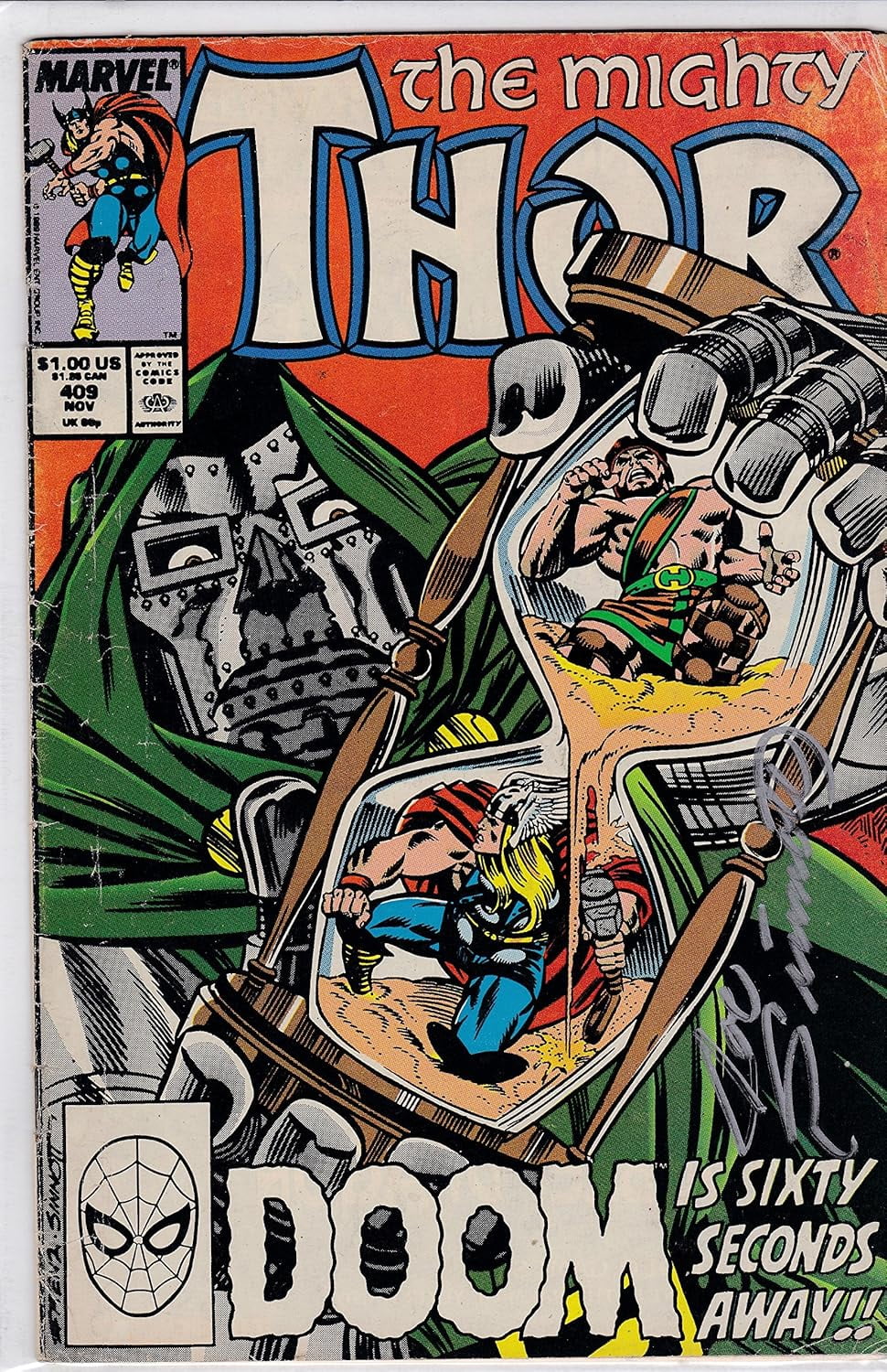 The Mighty Thor #409 FINE. Signed by Legend Joe Sinnott and Ron Frenz