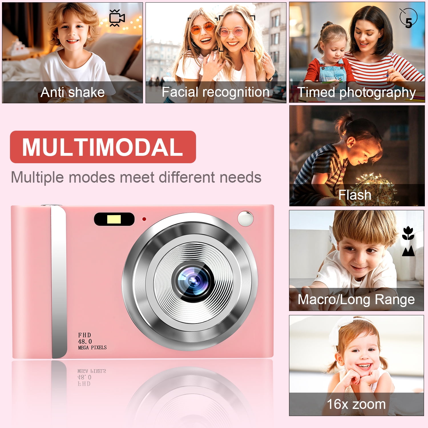 Jazeyeah 48 MP FHD 1080P Point & Shoot Digital Camera with 16x Zoom, Built-in Flash, 2.4-inch LCD, 32GB Card, Pink, 1
