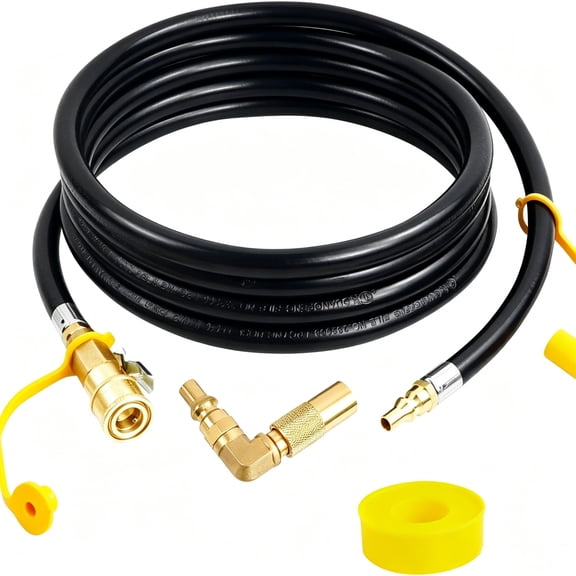 Smlper 12 FT RV Quick Connect Propane Hose, Low Pressure LP Gas Line with Elbow Adapter, 1/4" Shutoff Valve & 1/4" Male Full Flow Plug, Connect RV to Grills and Griddles