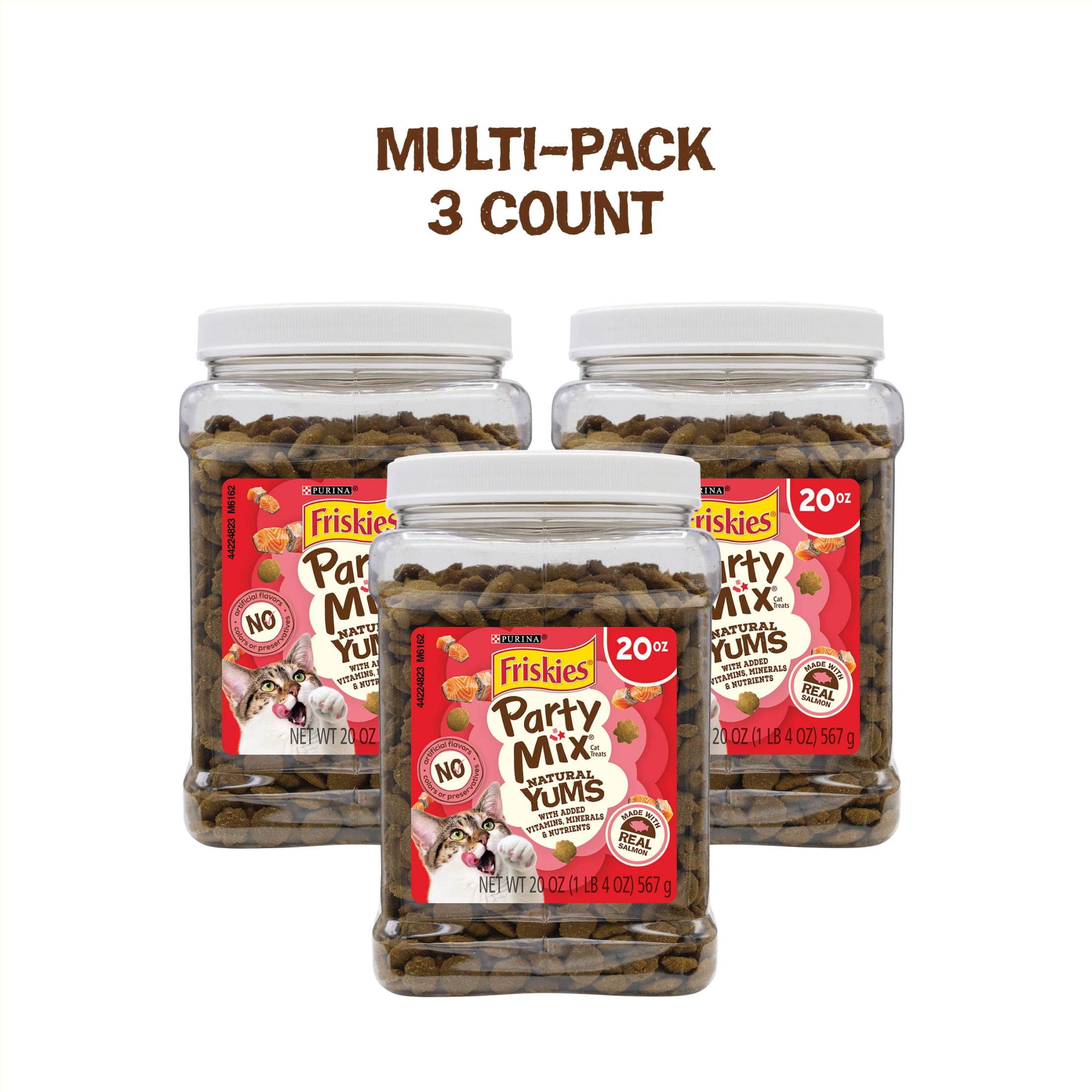 (3 pack) Purina Friskies Party Mix Natural Yums Salmon Flavor Crunchy Treats for Cats, 20 oz Canister, 3 Pack