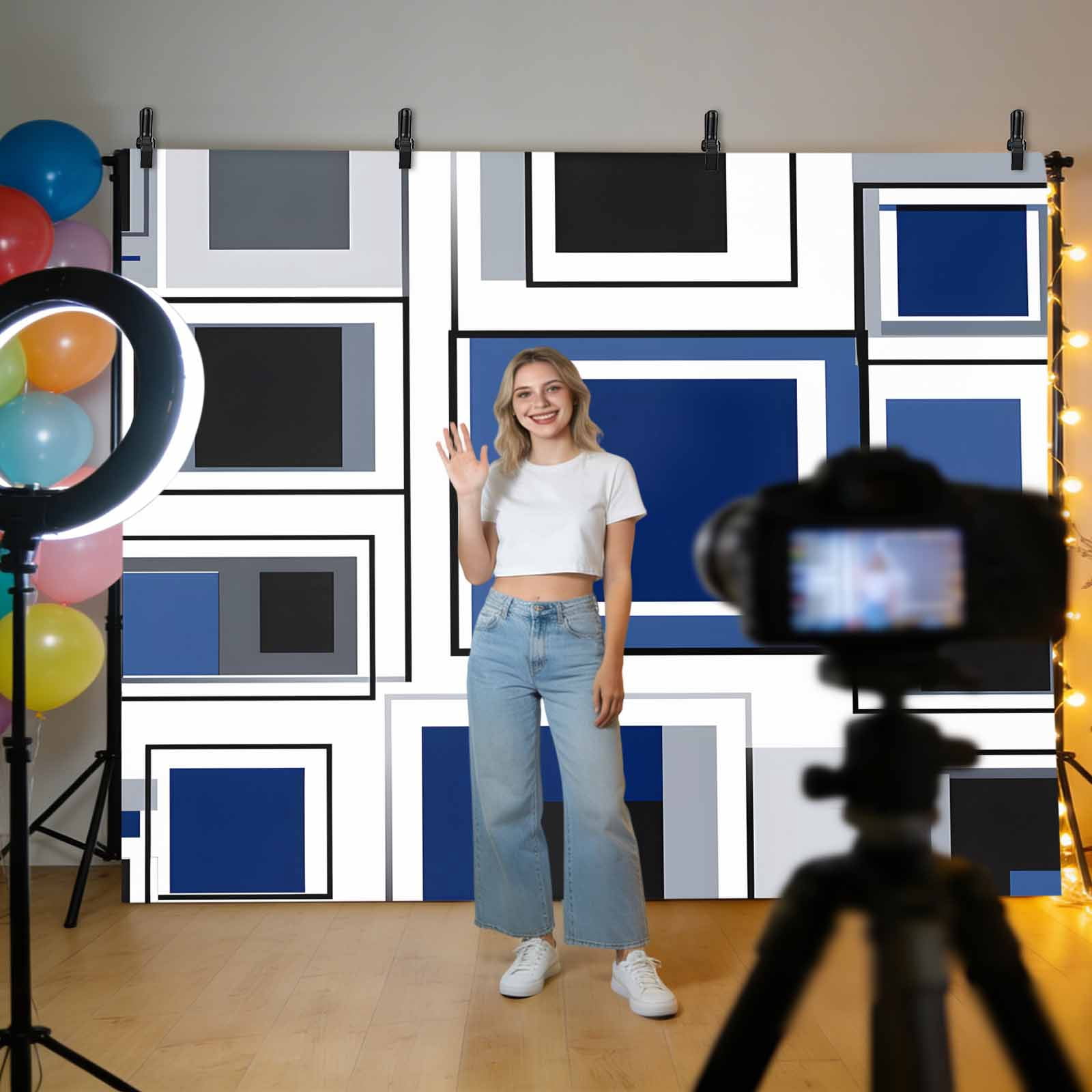Space Design Sense Backdrop for Photography, Grey Blue Line Suqare Abstract Stitching Photo Backdrop Portrait Background Party Banner Photo Backgrounds for Studio Booth Props, 7x5ft