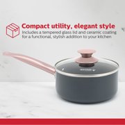 Holstein Housewares 2.5QT Ceramic Non-Stick Saucepan, Easy to Clean Ceramic Coating, Stainless Steel Handles, Glass Lid. Multipurpose Kitchen Cooking Pot, Grey Rose Gold