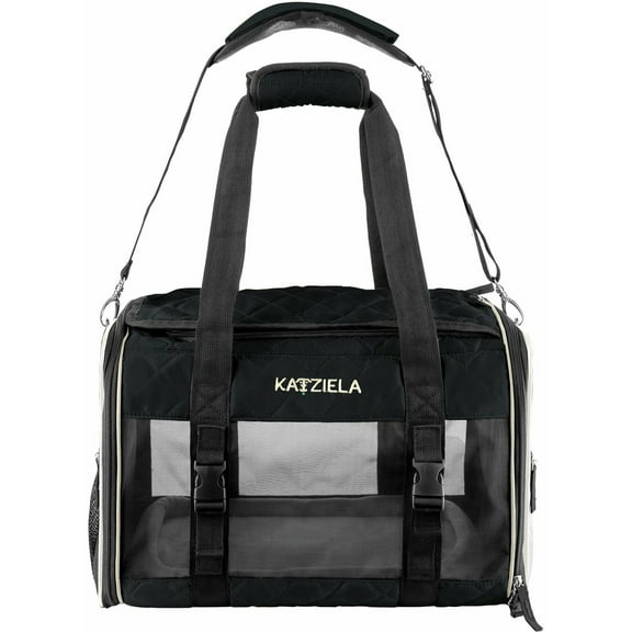 Katziela Quilted Companion Pet Carrier Comfortable Airline Approved for Dogs and Cats Medium Black