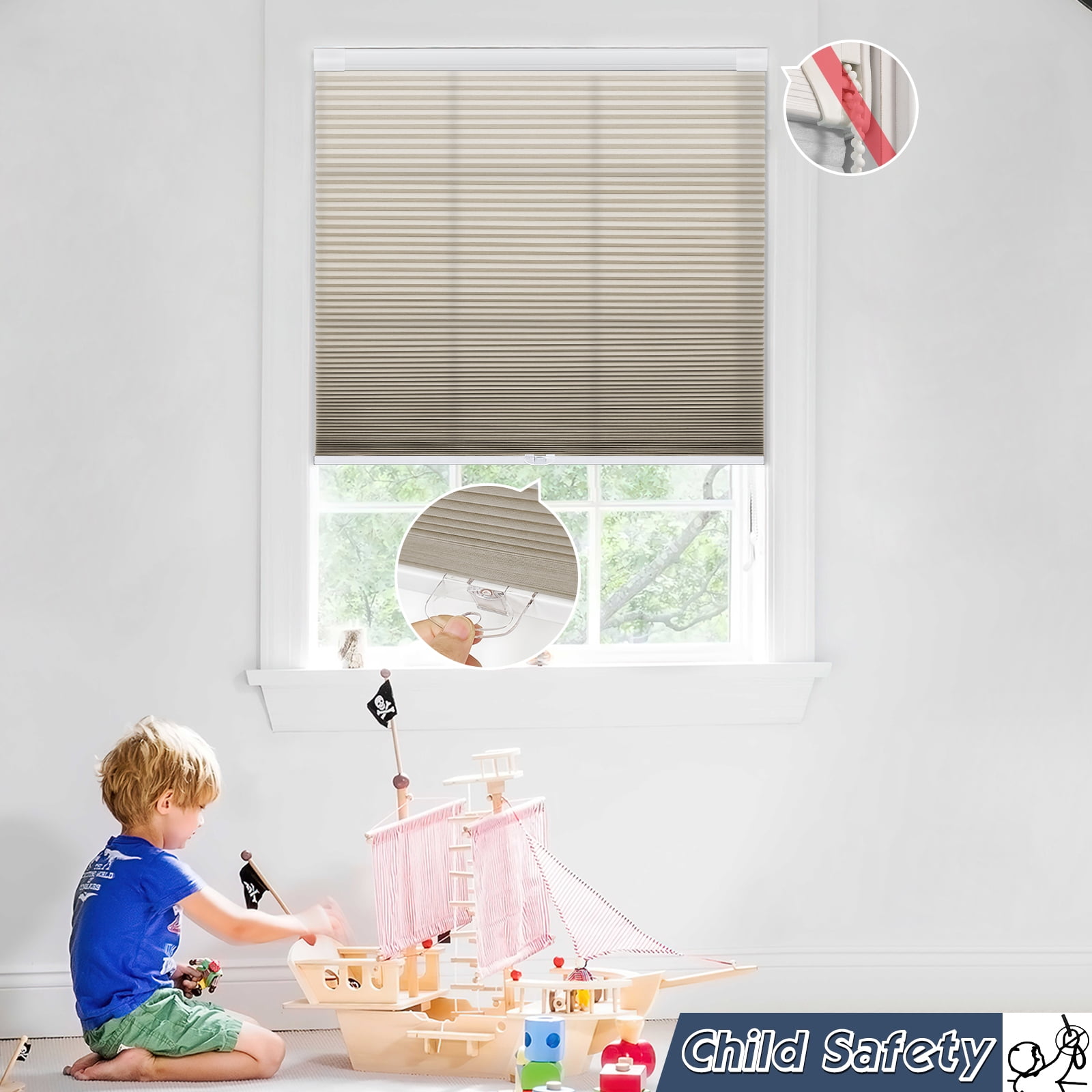 Keego No Drilling Cordless Cellular Shades Honeycomb Window Blinds Easy Installation Heat Insulating Noise Reducing Curtains Semi-Blackout Sand, 35.0"w x 60"h