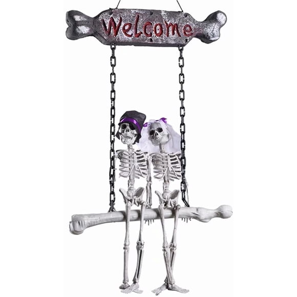 Decoration Hanging Skeleton, Scary Props Bride Groom Welcome Sign for Home Patio Yard Haunted House Horror Decor