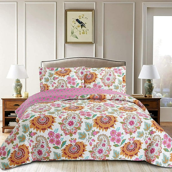 Cozy Line Pink Golden Sunbeam Yellow Orange Floral Paisley Reversible Quilt Bedding Set (Victoria Floral, Queen - 3 Piece)