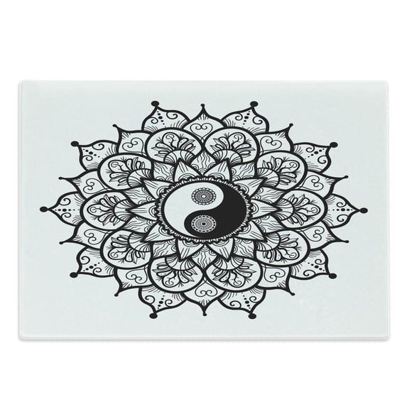 Ying Yang Cutting Board, Retro Floral Yin Yang Design with Mandala Patterns Paisley Leaves Petals Boho, Decorative Tempered Glass Cutting and Serving Board, Large Size, Black White, by Ambesonne