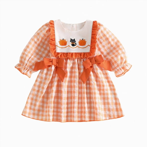 enyan Toddler Baby Girls Halloween Outfit Pumpkin Smocked Puff Sleeve A-Line Plaid Dresses Girls Fall Clothes Orange,12-18 Months