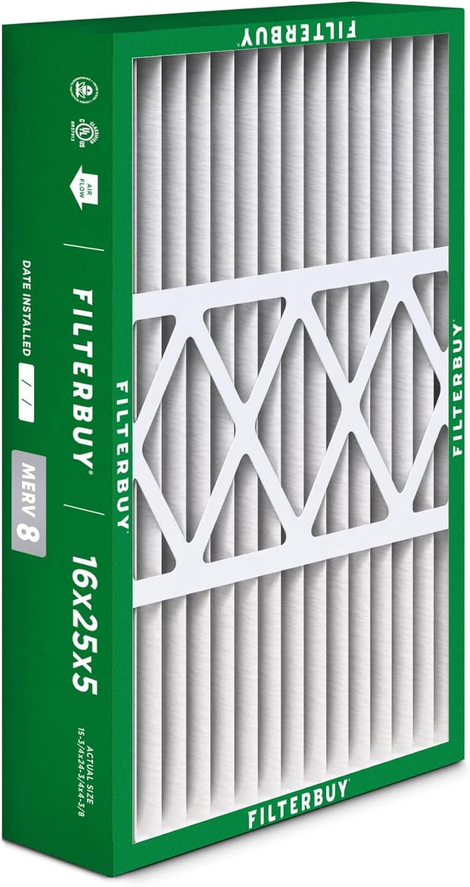 Filterbuy 16x25x5 MERV 8 Pleated HVAC AC Furnace Air Filters for Honeywell FC100A1029, Lennox X6670, Carrier, Bryant, & More (2-Pack)